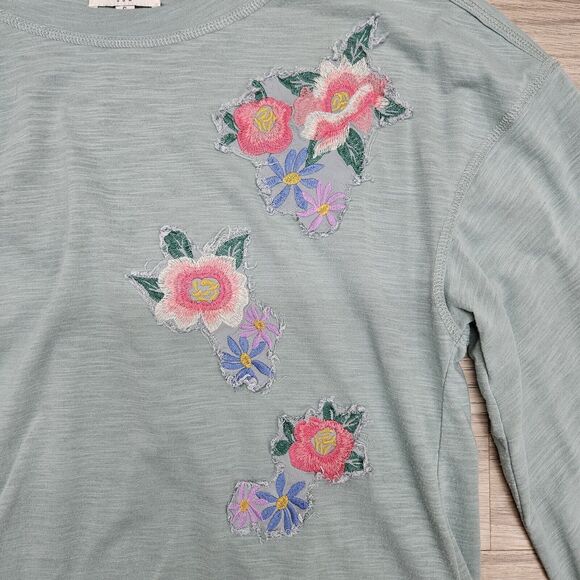 UMGEE Womens Pastel Green Floral Patch Wide Flowy Sleeve Knot Cotton Shirt Small - Picture 5 of 9